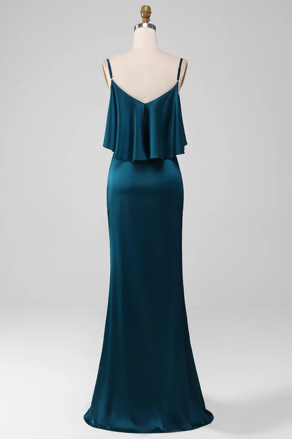Sheath Spaghetti Straps Long Satin Bridesmaid Dress With Ruffles