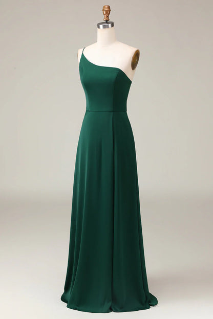 A-Line One Shoulder Floor Length Chiffon Bridesmaid Dress