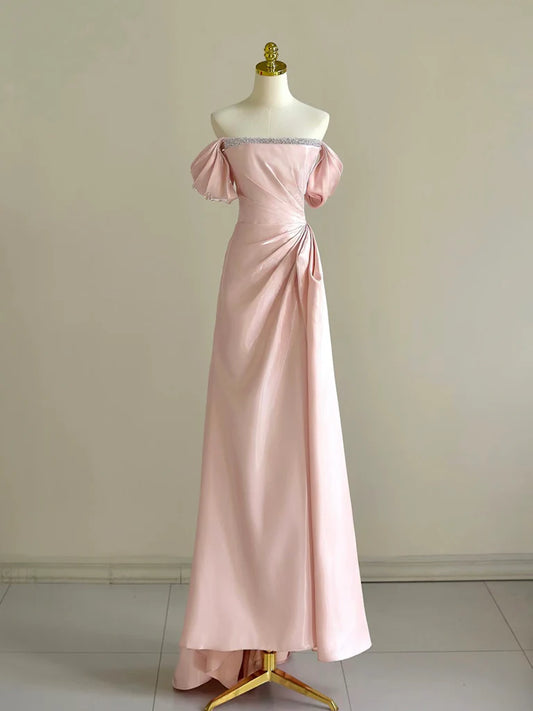 A-Line Off Shoulder Pink Long Evening Dresses Pink Long Formal Dress with Beads