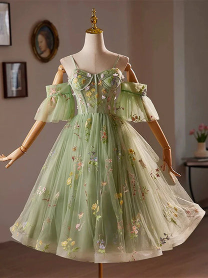 A-Line Off Shoulder Sweetheart Neck Tulle Lace Green Homecoming Dresses