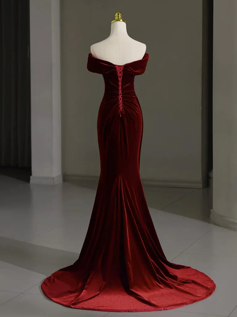 Off Shoulder Velvet Burgundy Long Evening Dresses Mermaid Long Formal Dress