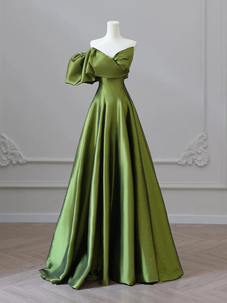 A-Line V Neck Satin Green Long Evening Dresses Green Long Formal Dress