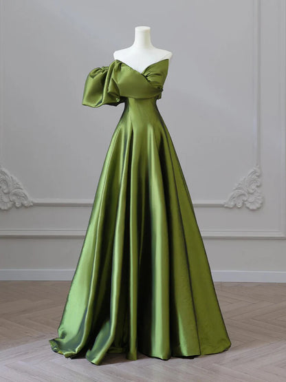 A-Line V Neck Satin Green Long Evening Dresses Green Long Formal Dress