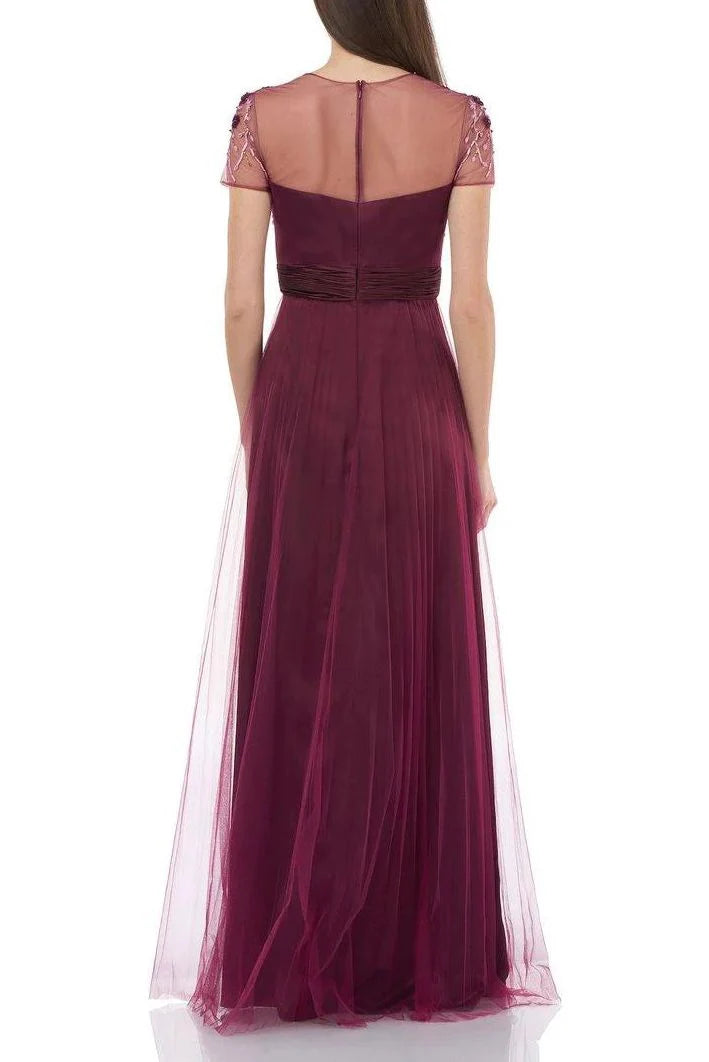 Collections Crew Neck Short Sleeve Embellished Bodice Ruched Waist Zipper Back Mother of the Bride Dresses