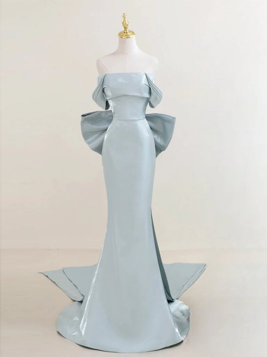 Simple Off Shoulder Satin Blue Long Evening Dress Blue Long Formal Dress