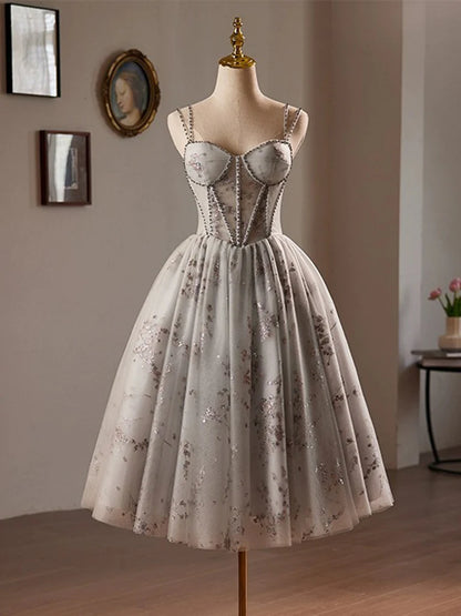 A-Line Sweetheart Neck Tulle Sequin Lace Gray Homecoming Dresses