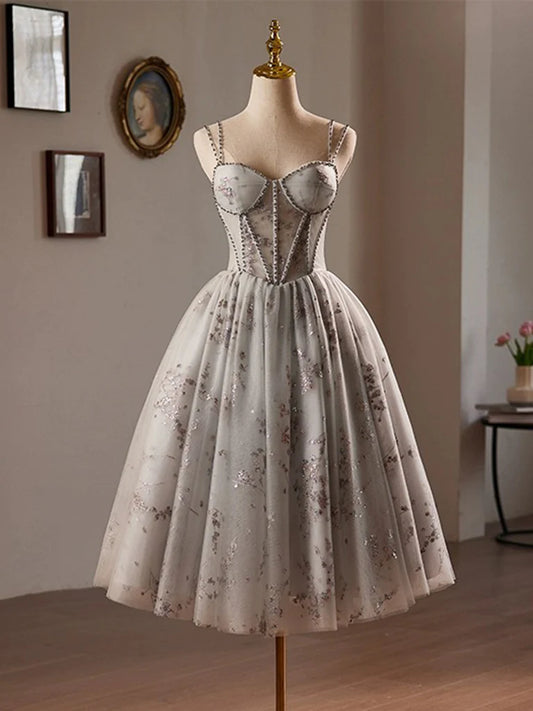 A-Line Sweetheart Neck Tulle Sequin Lace Gray Homecoming Dresses