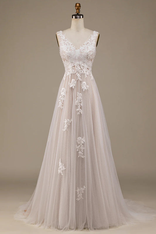 Apricot Tulle Sweep Train Wedding Dress with