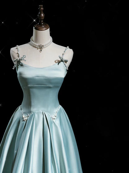 A-Line Blue Satin Long Evening Dress Blue Long Formal Dress