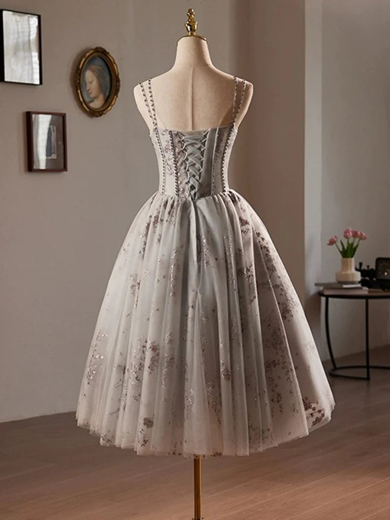gray homecoming dresses Knee-length Lace Tulle A-line V-neck with Appliques, MH421 Gray Formal Dress Gray homecoming dress | Party