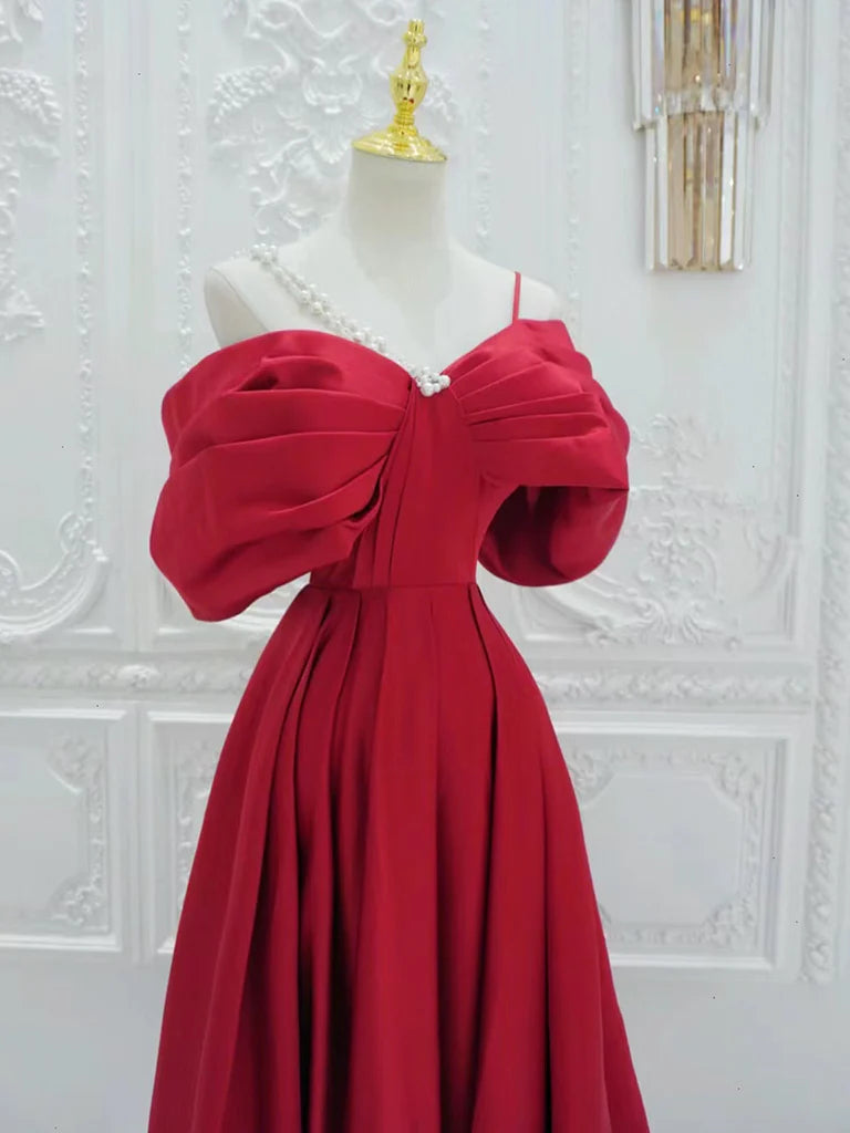 A-Line Off Shoulder Satin Red Long Prom Dress Red Long Formal Evening Dress