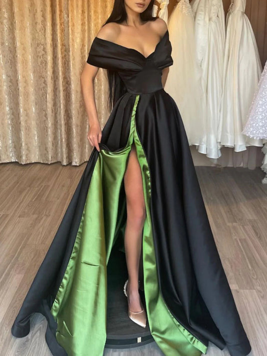 Simple Black Satin Off Shoulder Long Prom Dress Black Evening Dress