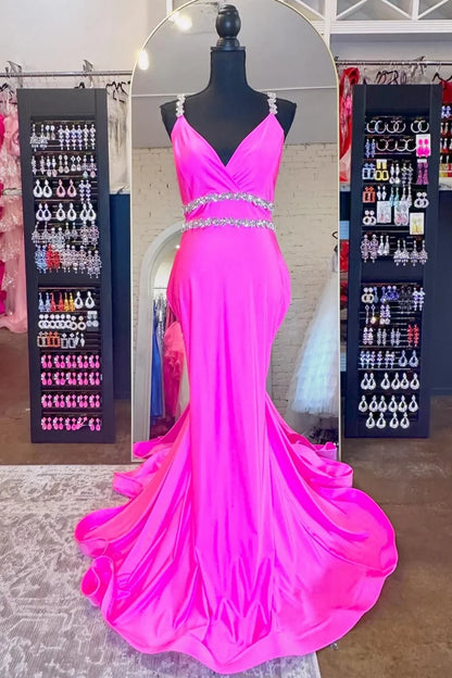 Surplice Open Back Beaded Mermaid Long Formal Dress