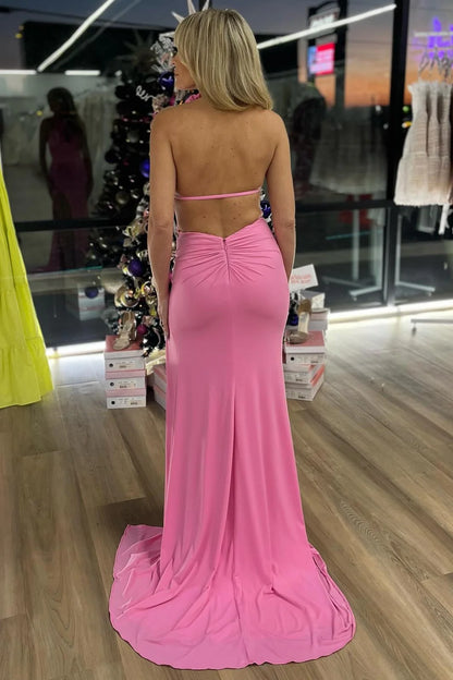 Pink Halter Rosette Mermaid Long Formal Prom Dress with Slit