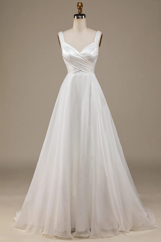 Ivory Organza Scoop Neck Sweep Train Wedding Dress