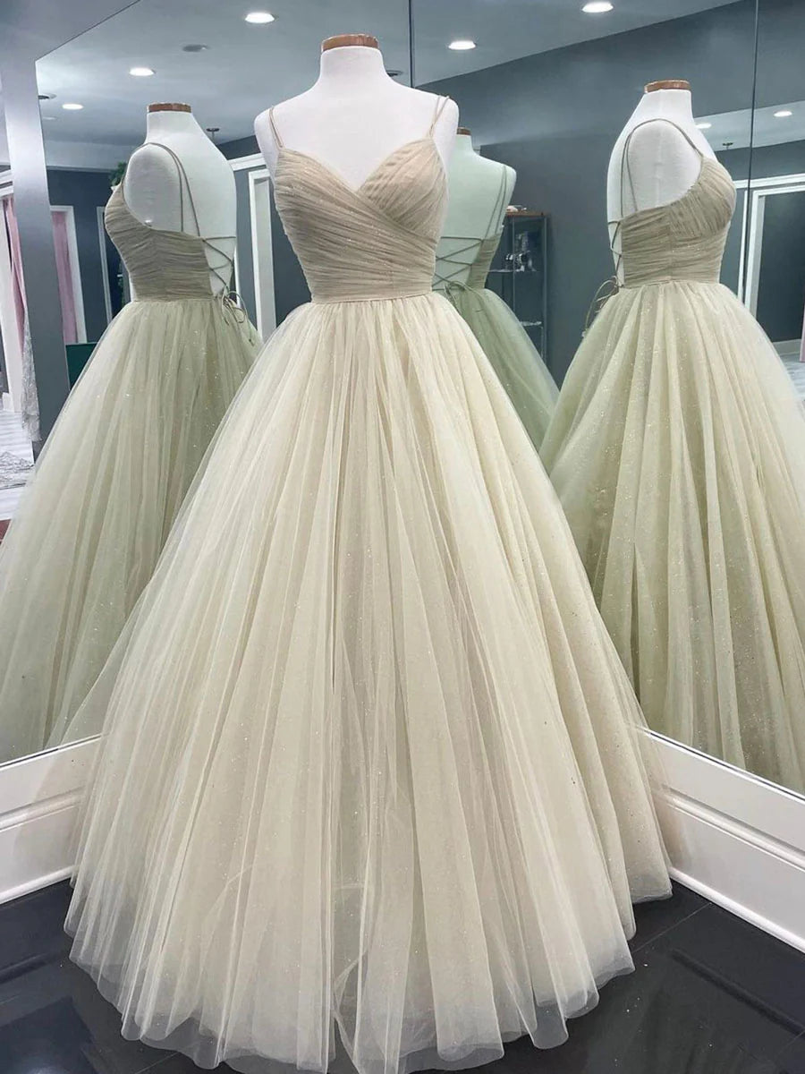 Simple V Neck Champagne Tulle Long Prom Dress Champagne Evening Dress