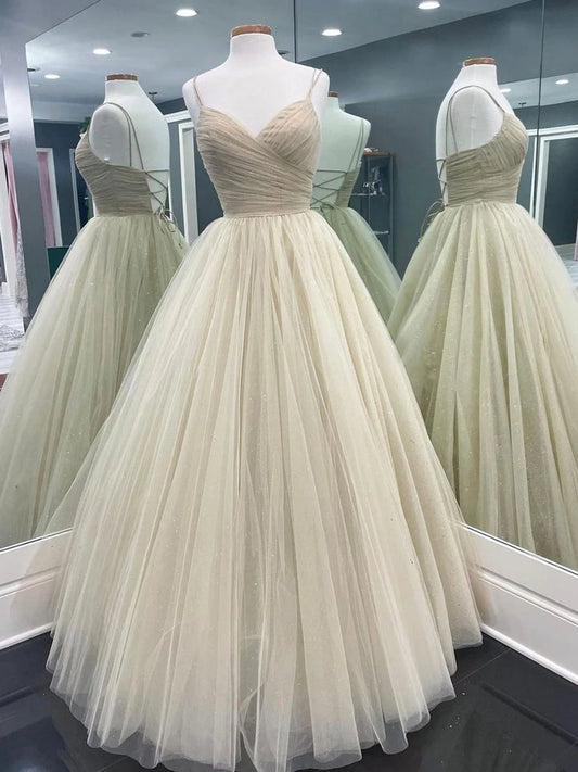 Simple V Neck Champagne Tulle Long Prom Dress Champagne Evening Dress