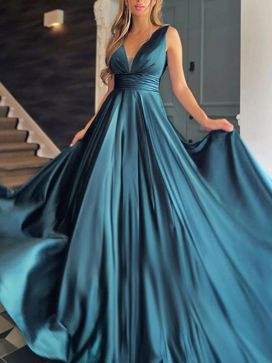 Simple V Neck Aline Satin Long Prom Dress For Evening Dress