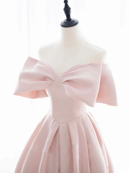 Simple Pink Satin Long Prom Dress Pink A Line Evening Dress