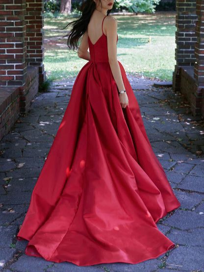 Simple red v neck satin long prom dress red prom dress