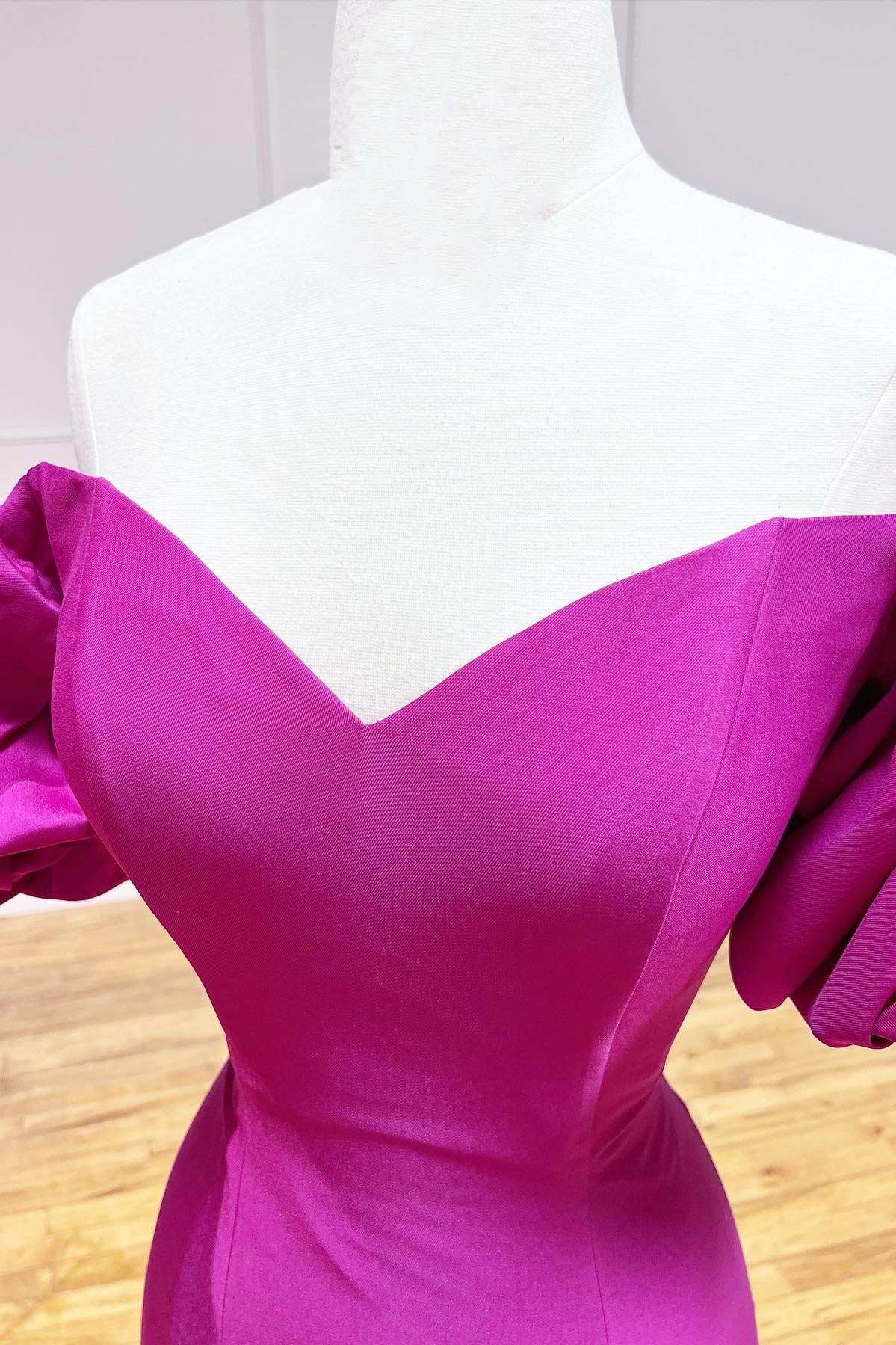 Magenta Strapless Puff Sleeve Trumpet Long Prom Dress