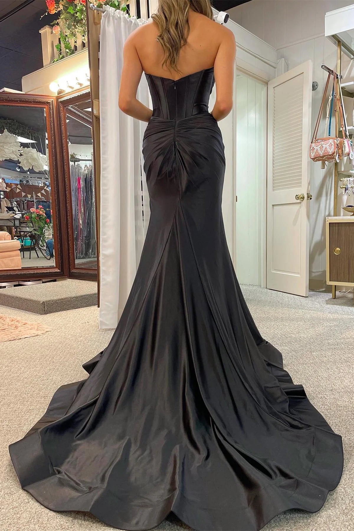 Black Strapless Keyhole Mermaid Long Formal Prom Dress with Slit