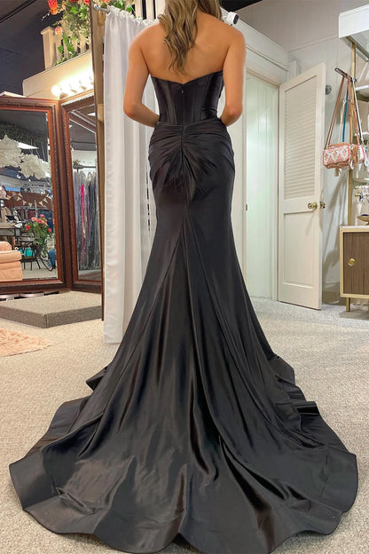 Black Strapless Keyhole Mermaid Long Formal Prom Dress with Slit
