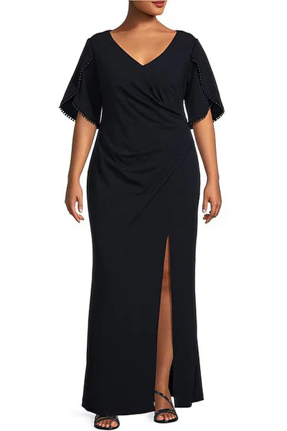 Adrianna Papell V-Neck Embellished Sleeve Slit Front Zipper Back Crepe Mother of the Bride Dresses