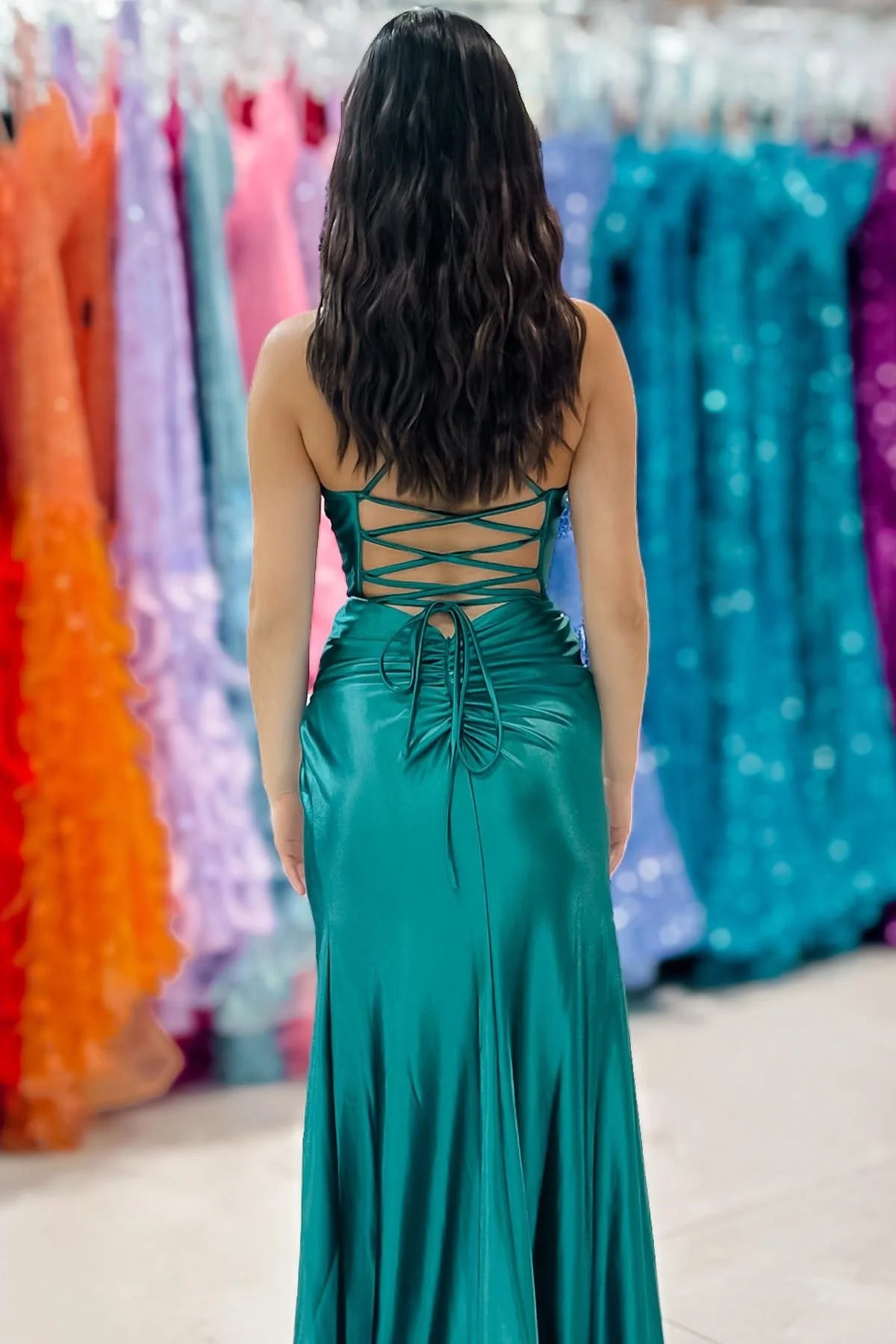 Emerald Sweetheart Lace-Up Ruched Long Formal Prom Dress
