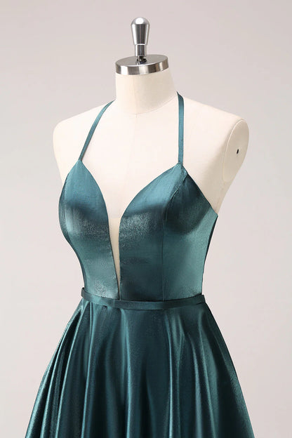 Peacock Blue A-Line Halter Short Metallic Homecoming Dress