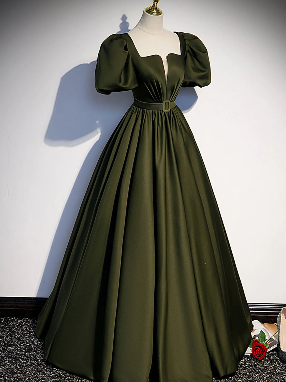 Green Satin A Line Long Prom Dress Green Formal Evening Dress