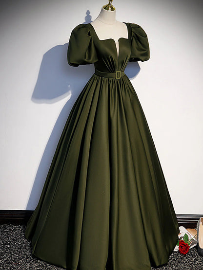 Green Satin A Line Long Prom Dress Green Formal Evening Dress