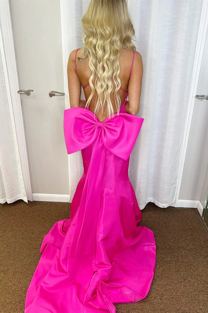 Hot Pink V-Neck Bow-Back Trumpet Long Prom Dress