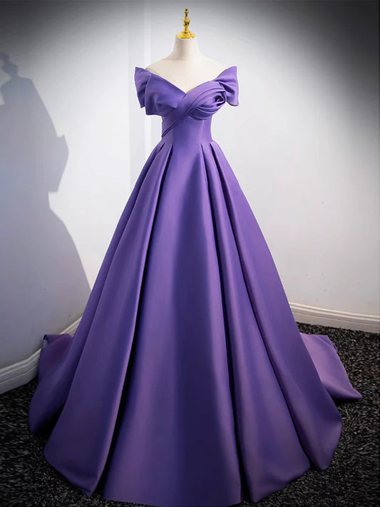 Off Shoulder Satin Purple Long Prom Dress Purple Long Prom Dress