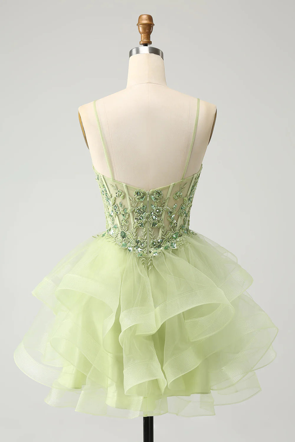 Light Green A Line Spaghetti Straps Corset Short Tiered Homecoming Dress