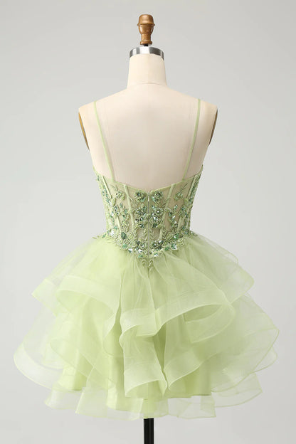Light Green A Line Spaghetti Straps Corset Short Tiered Homecoming Dress