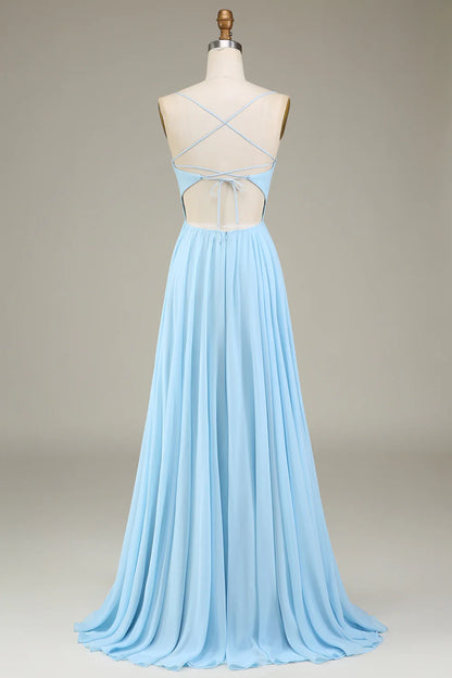 A-Line Spaghetti Straps Chiffon Long Bridesmaid Dress