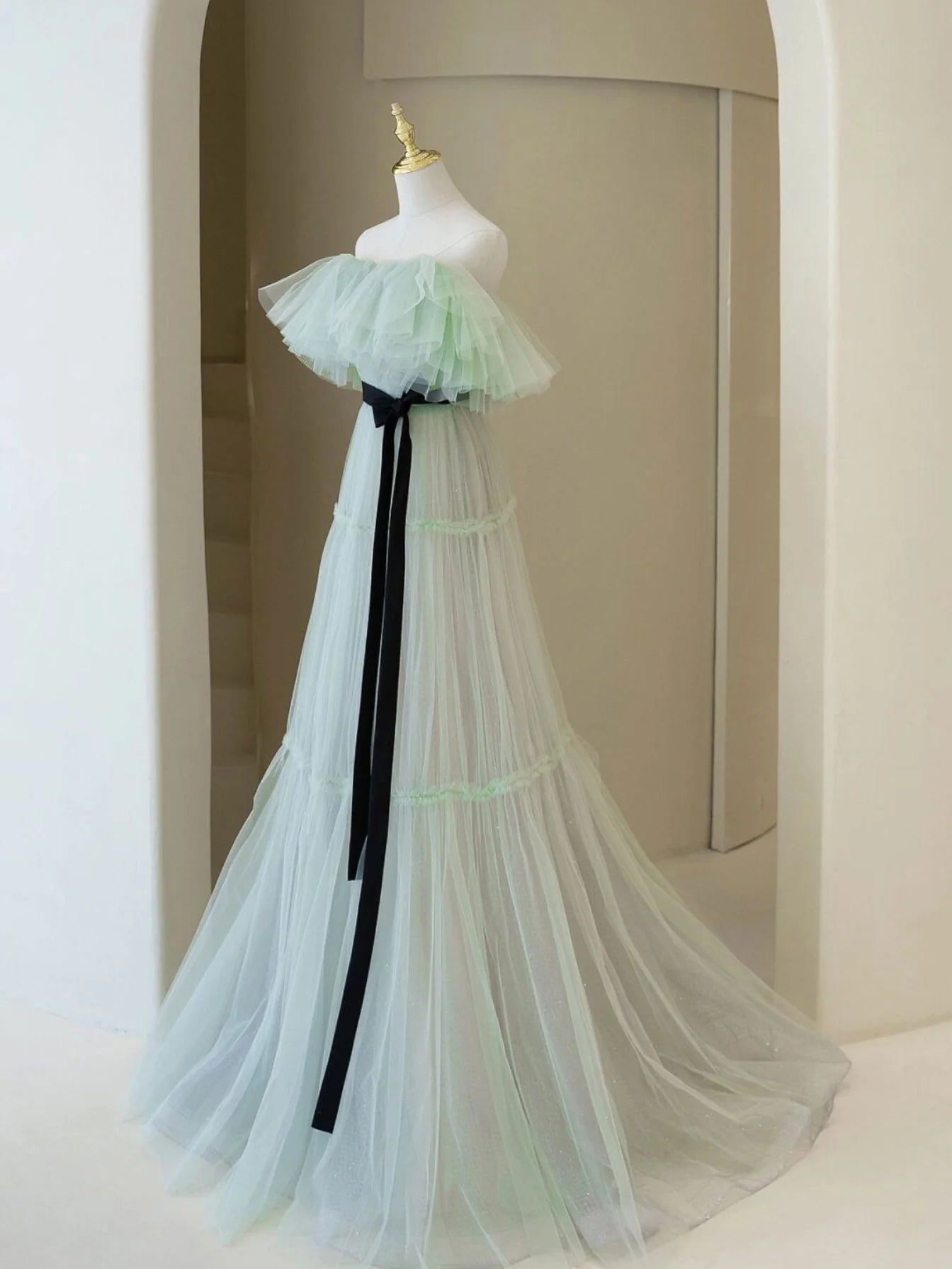 Green A line tulle long prom dress green prom dress