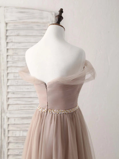 Off Shoulder Tulle Long Prom Dress Champagne Evening Dress