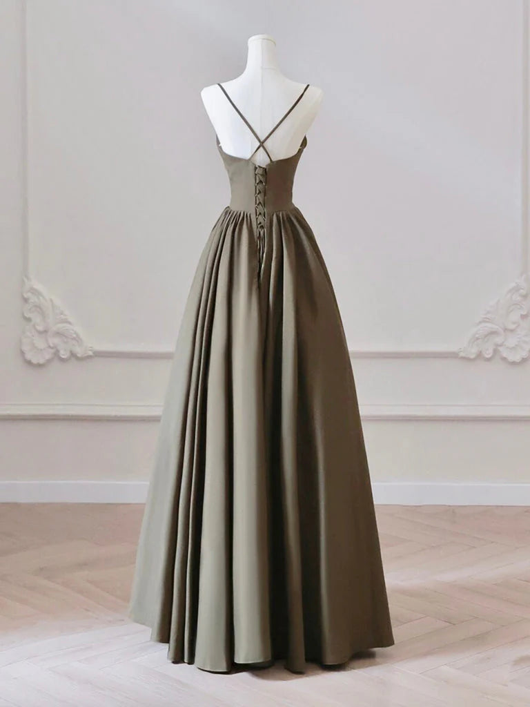 A-Line V Neck Satin Olive Green Long Prom Dress Long Evening Dress