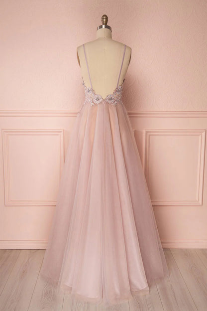 Pink v neck tulle lace applique long prom dress pink prom dress