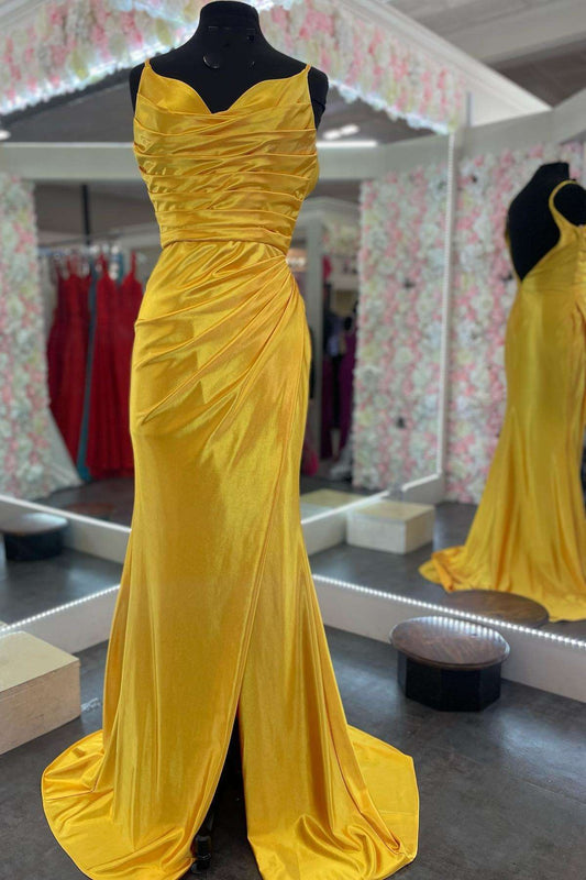 Yellow Cowl Neck Open Back Long Formal Prom Dress with Slit