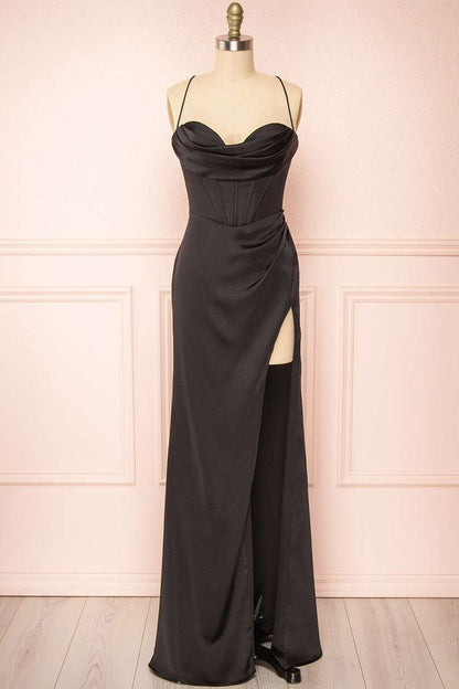 Yellow Cowl Neck Lace-Up Back Long Formal Prom Dress with Slit