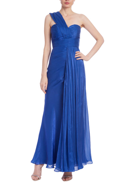 Badgley Mischka Draped One-Shoulder Pleated Chiffon Prom Gown