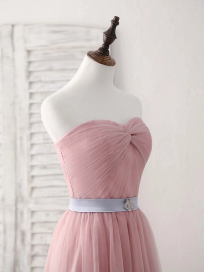 Sweetheart Neck Tulle Long Prom Dress, Aline Pink Bridesmaid Dress