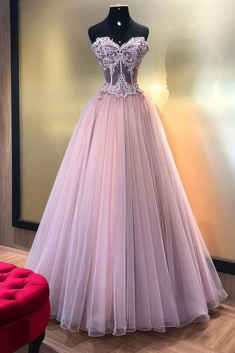 Pink sweetheart tulle lace long prom dress pink tulle formal prom dress