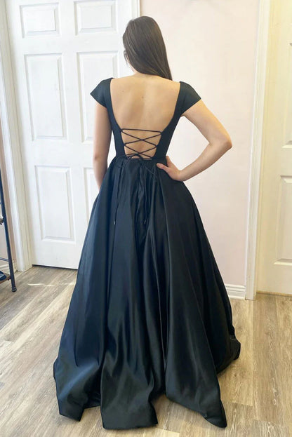 Simple black satin long prom dress black satin prom dress