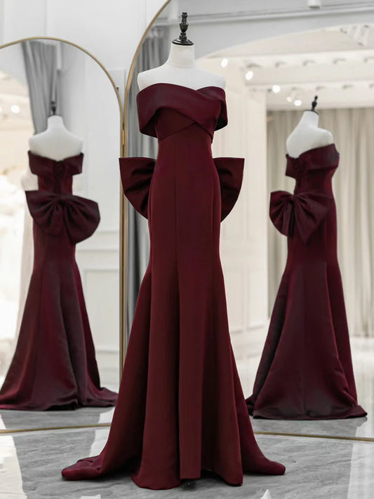 Simple Off Shoulder Satin Burgundy Long Evening Dresses Mermaid Long Evening Dress