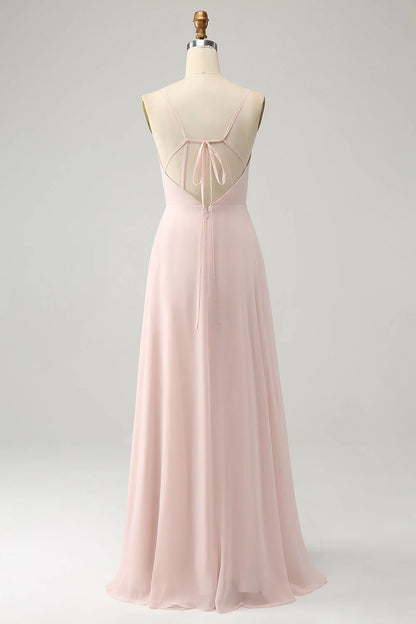 A Line Spaghetti Straps Chiffon Long Bridesmaid Dress with Slit