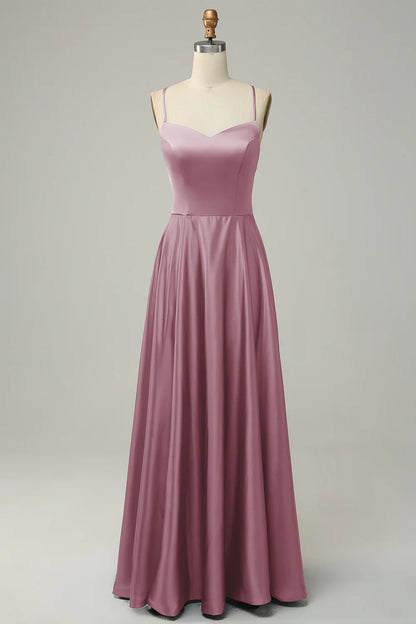A Line Spaghetti Straps Backless Satin Bridesmaid Dress